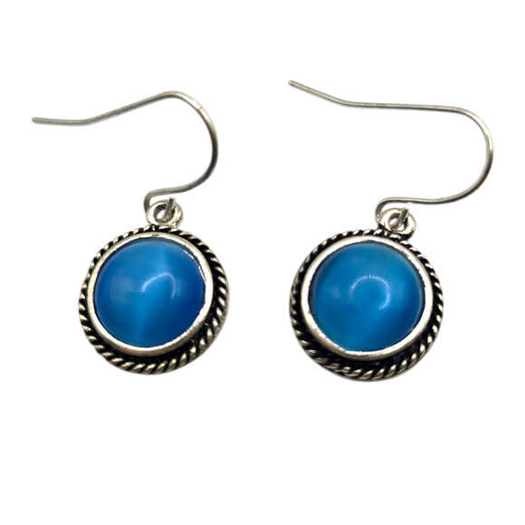 Pierced Earrings Blue Cat’s Eye Cabochon Round Rope Bezel Silver Tone Retro - Picture 9 of 10